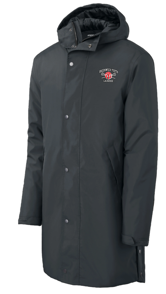 A black insulated sideline parka with embroidered logo on the chest, featuring a hood, snap buttons, and a Sport-Tek brand label.